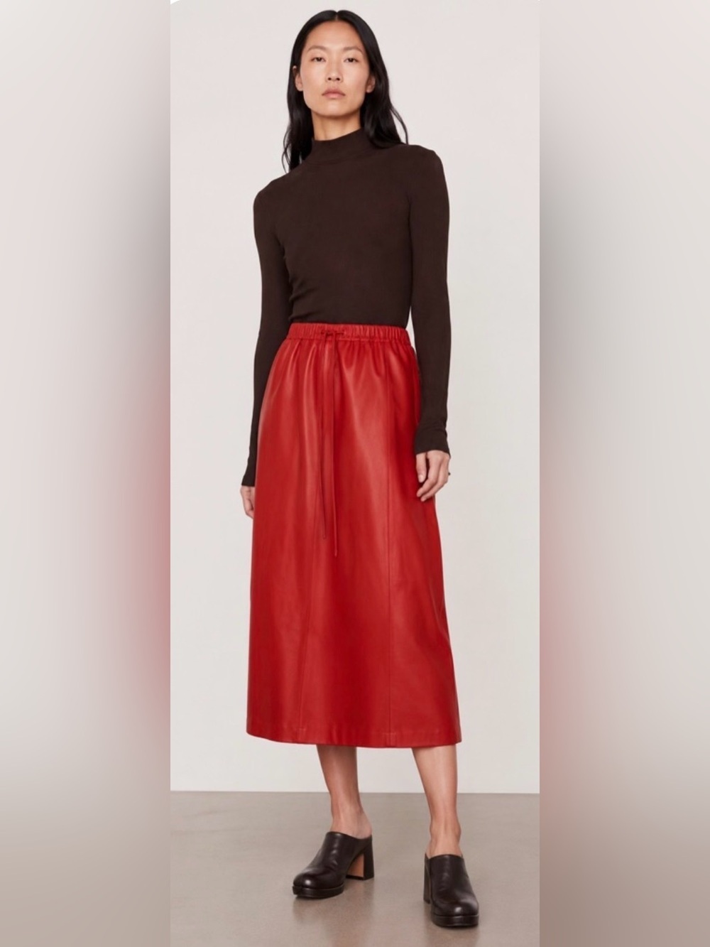 Alysi Leather Midi Skirt Sz 2 Orange A-line Elastic Waist Quiet Luxury Minimalis